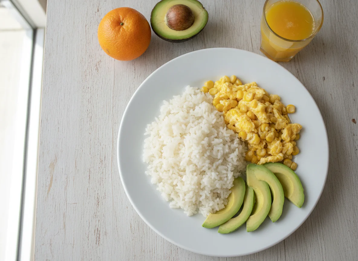 Arroz con huevo, aguacate y jugo de naranja photo