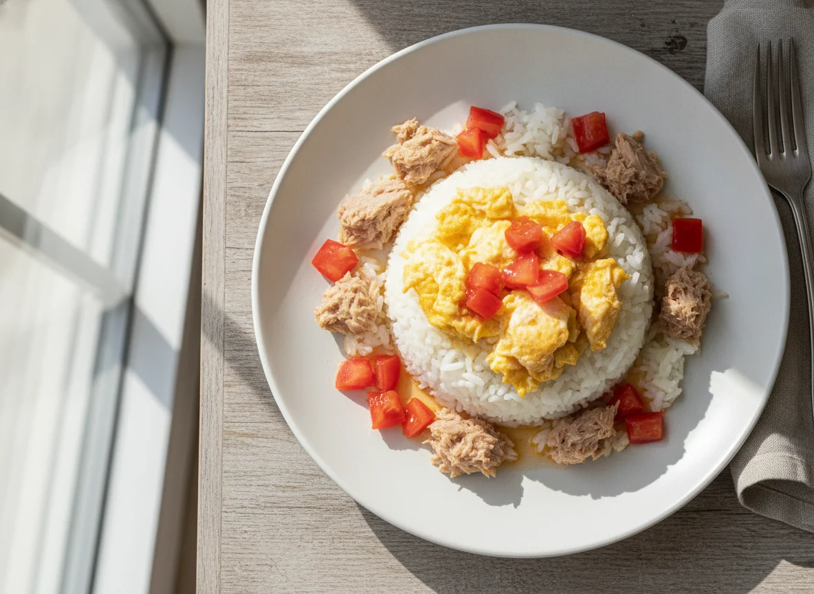 Arroz con huevo, atún y tomate photo
