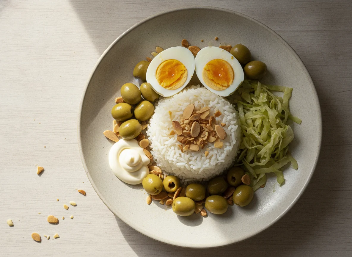 Arroz con huevo duro, aceitunas y almendras photo