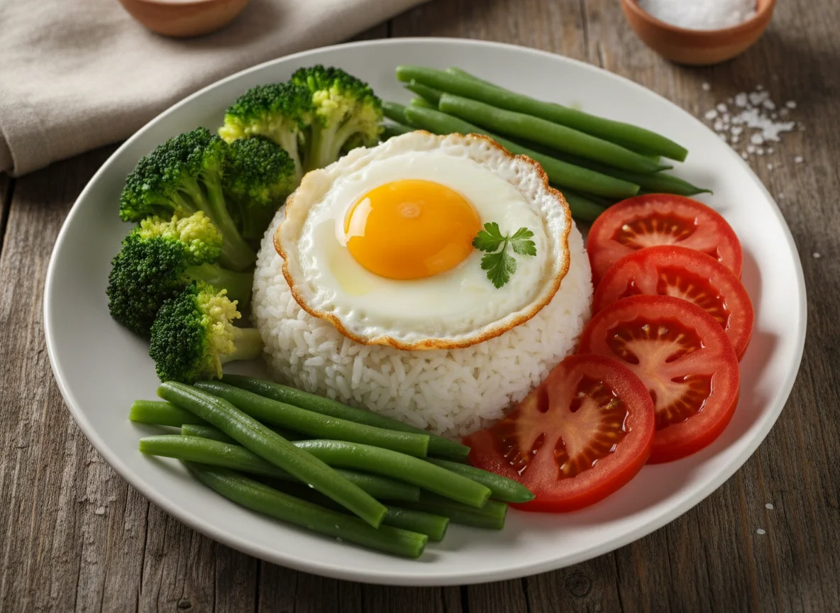Arroz con huevo frito, brócoli, porotos verdes y tomate photo