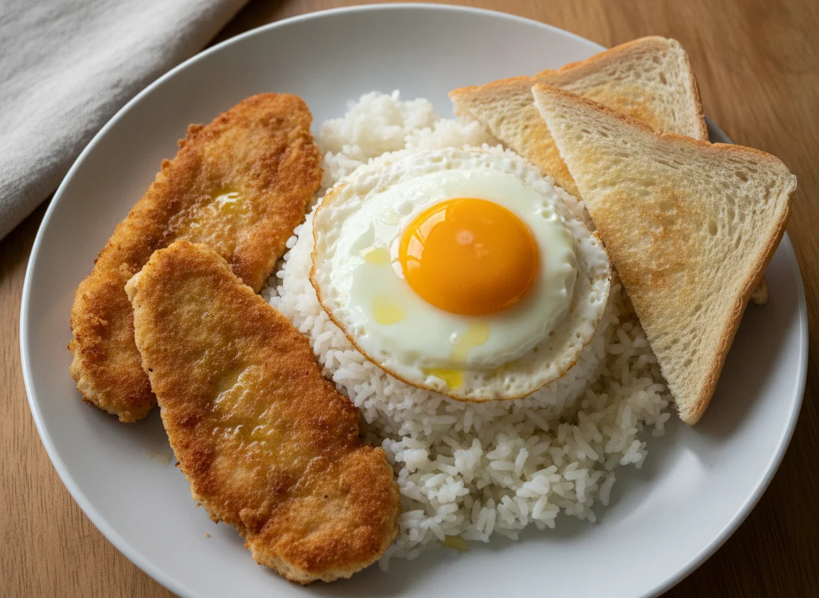 Arroz con huevo frito, filetes de pollo empanados y pan de molde photo