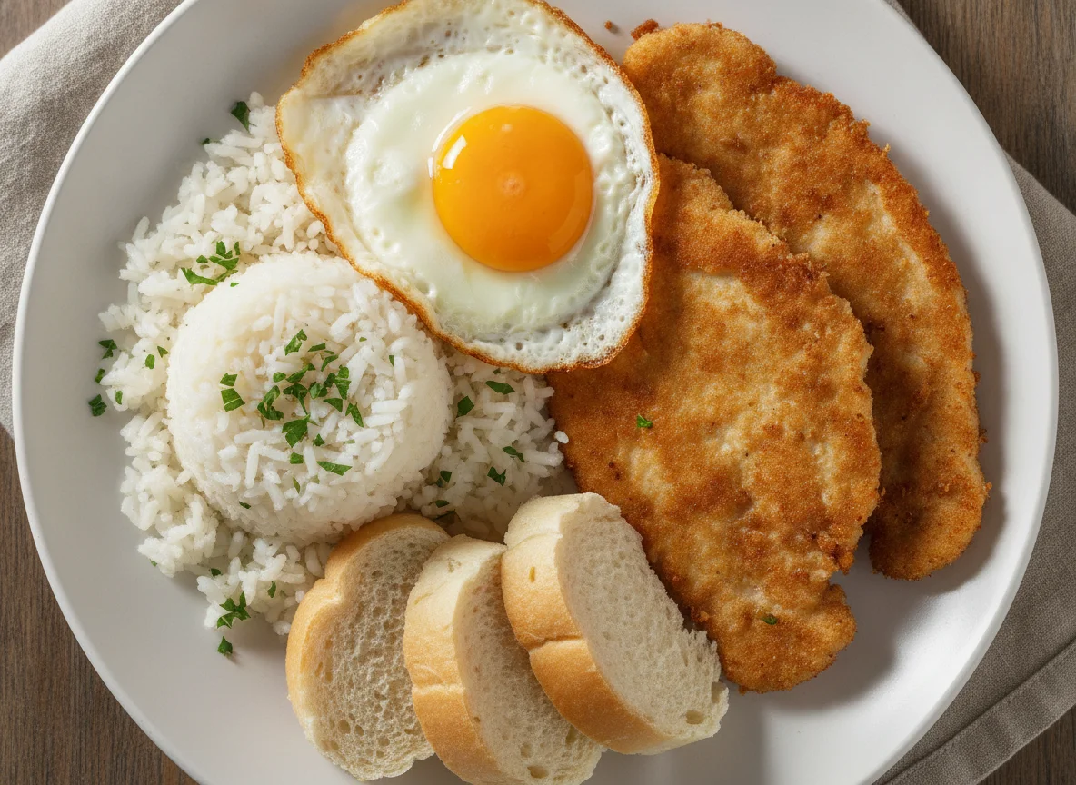 Arroz con huevo frito, filetes empanados y pan de molde photo