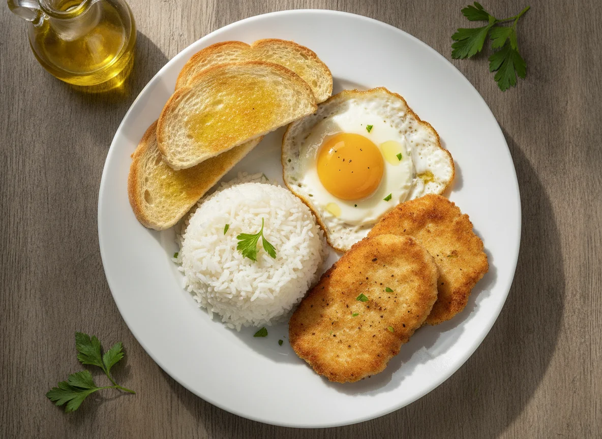Arroz con huevo frito, filetes empanados y pan tostado photo