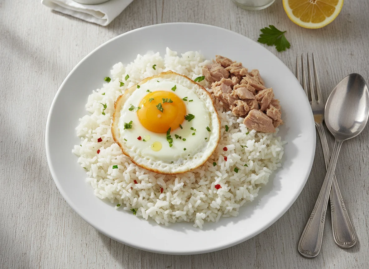 Arroz con huevo frito y atún photo