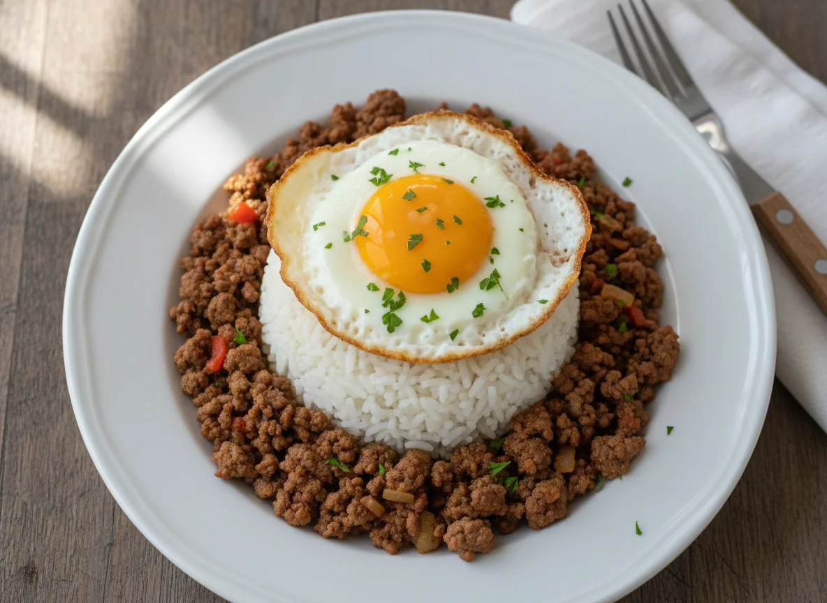 Arroz con huevo frito y carne picada photo
