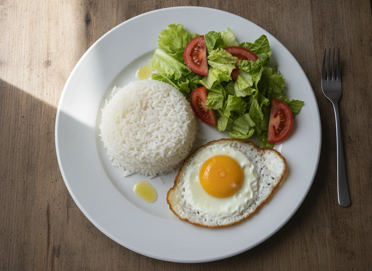 Arroz con huevo frito y ensalada mixta photo