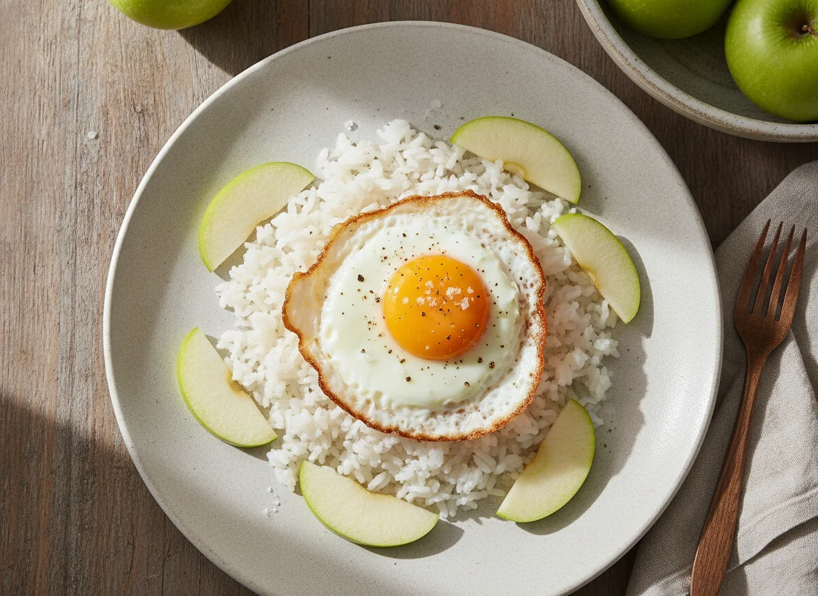 Arroz con huevo frito y manzana photo