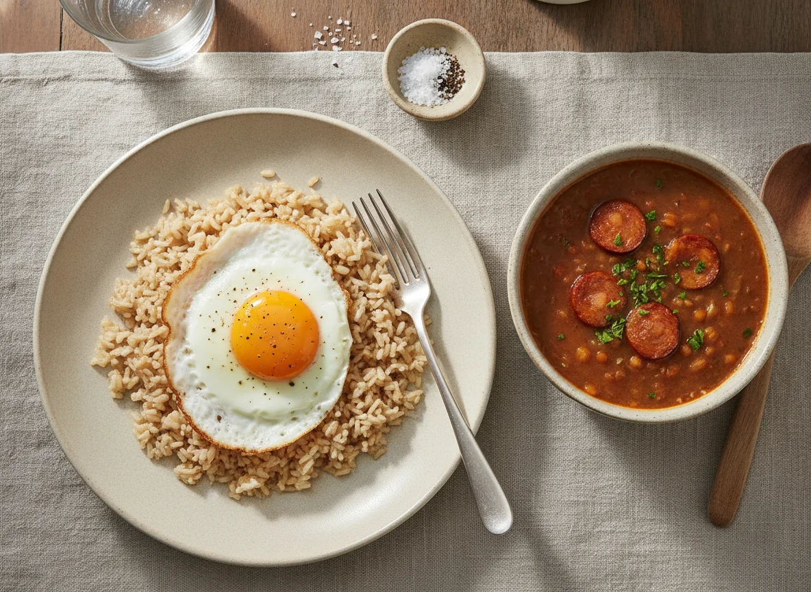 Arroz con huevo frito y sopa de lentejas photo
