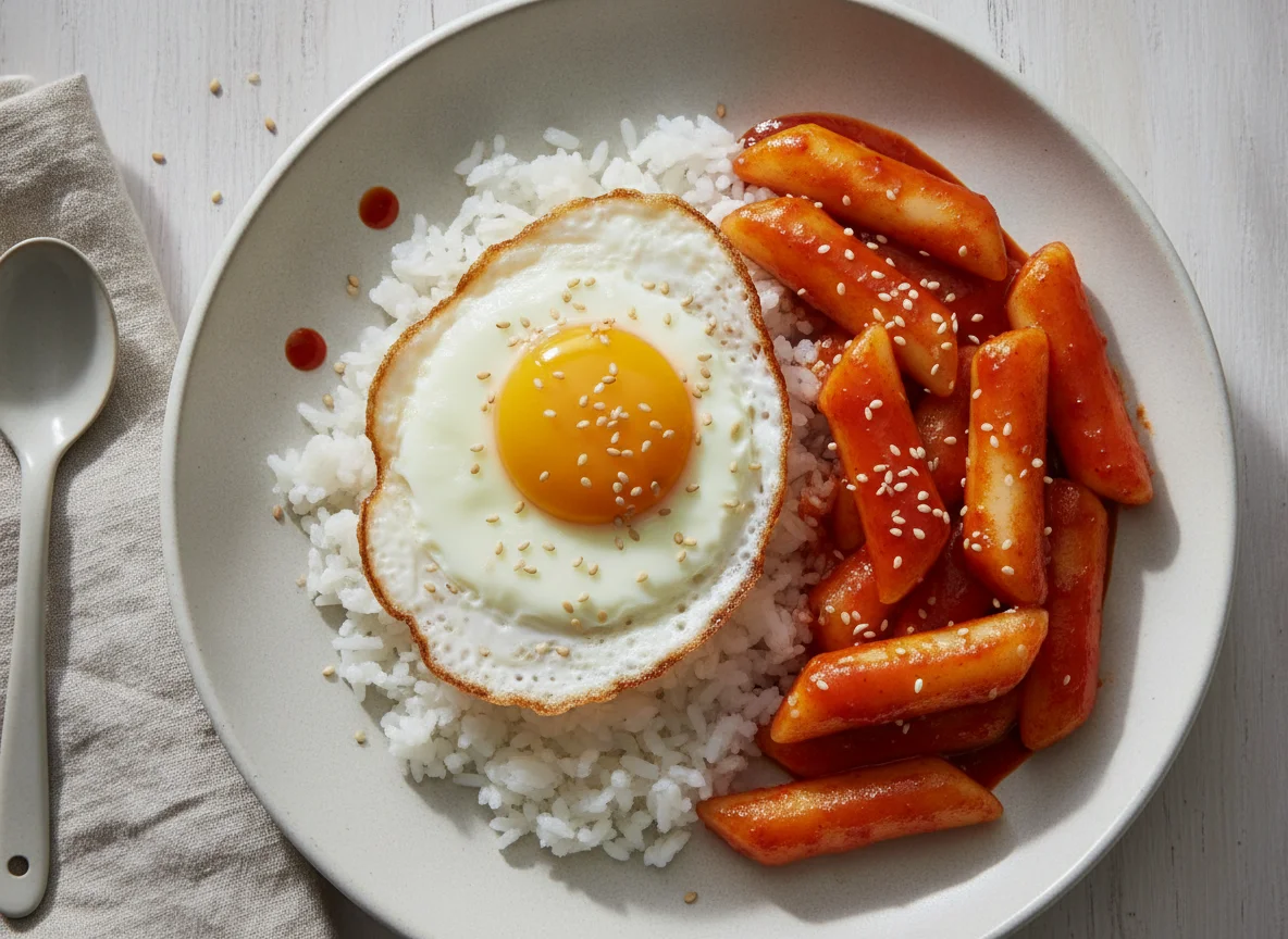 Arroz con huevo frito y tteokbokki photo