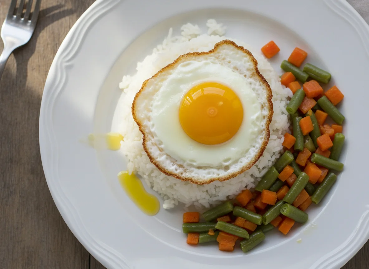 Arroz con huevo frito y verduras photo