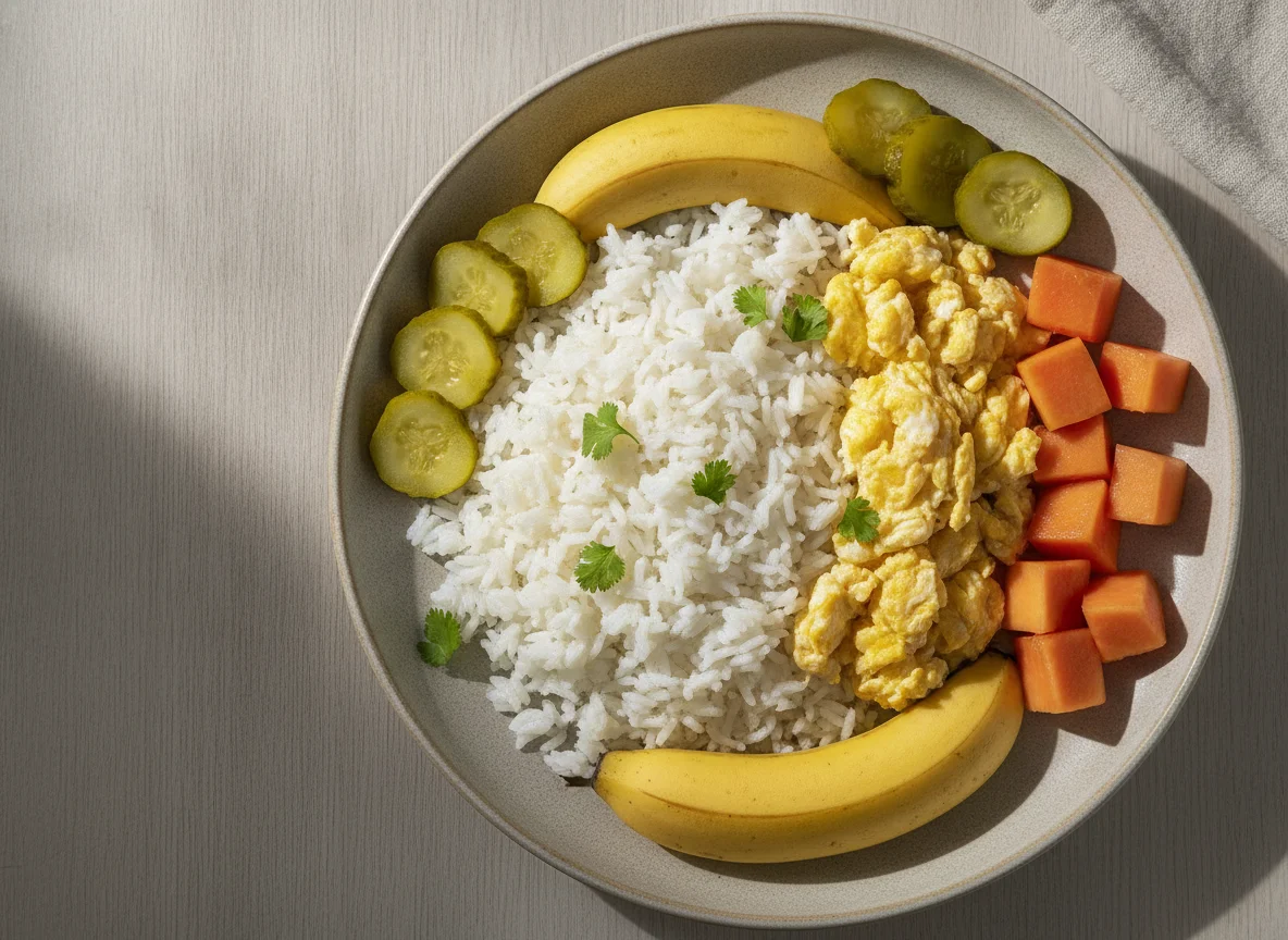 Arroz con huevo, pepinillos y fruta photo