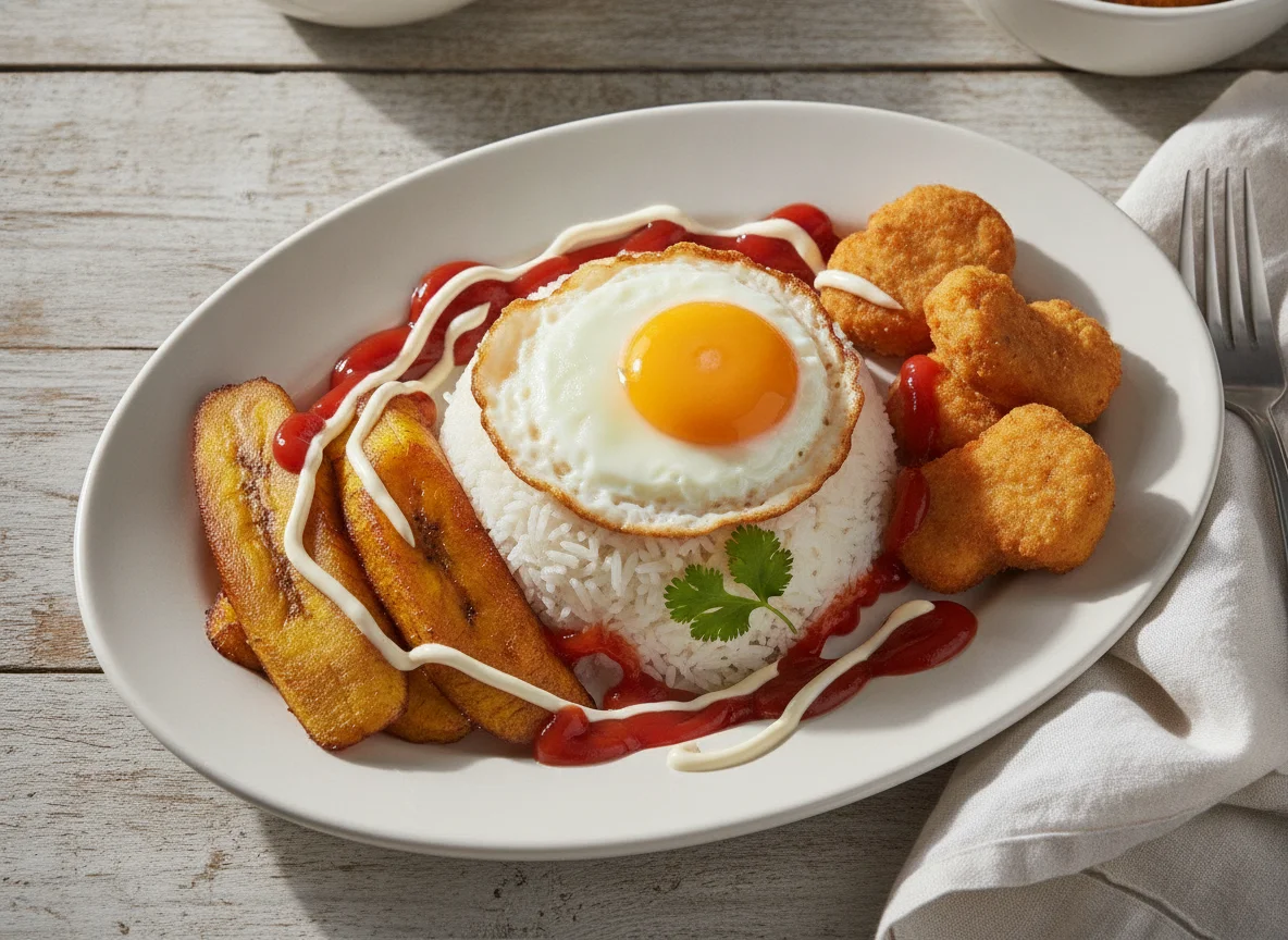 Arroz con huevo, plátano frito y pollo photo