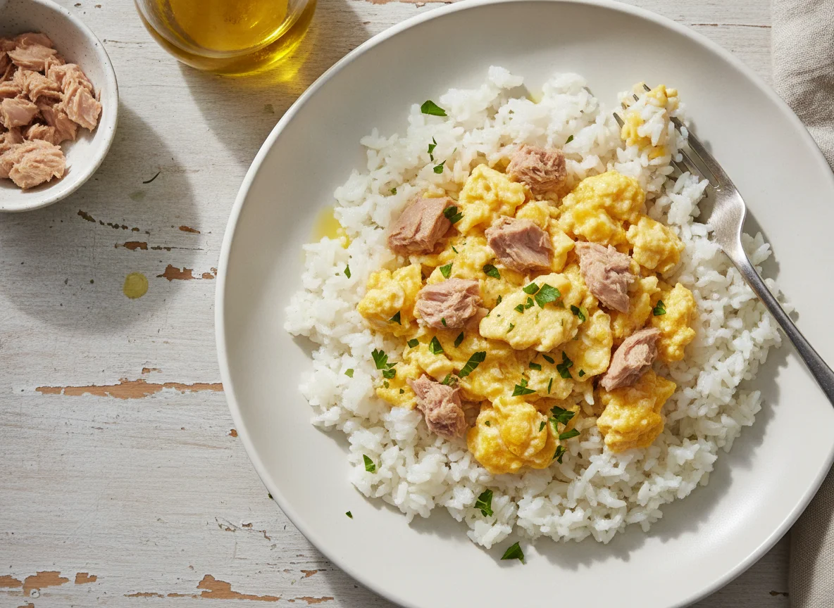Arroz con huevo revuelto y atún photo