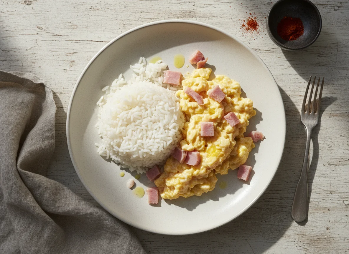 Arroz con huevo revuelto y jamón photo