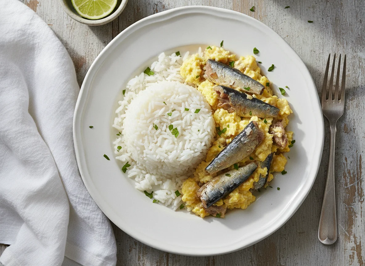 Arroz con huevo revuelto y sardinas photo