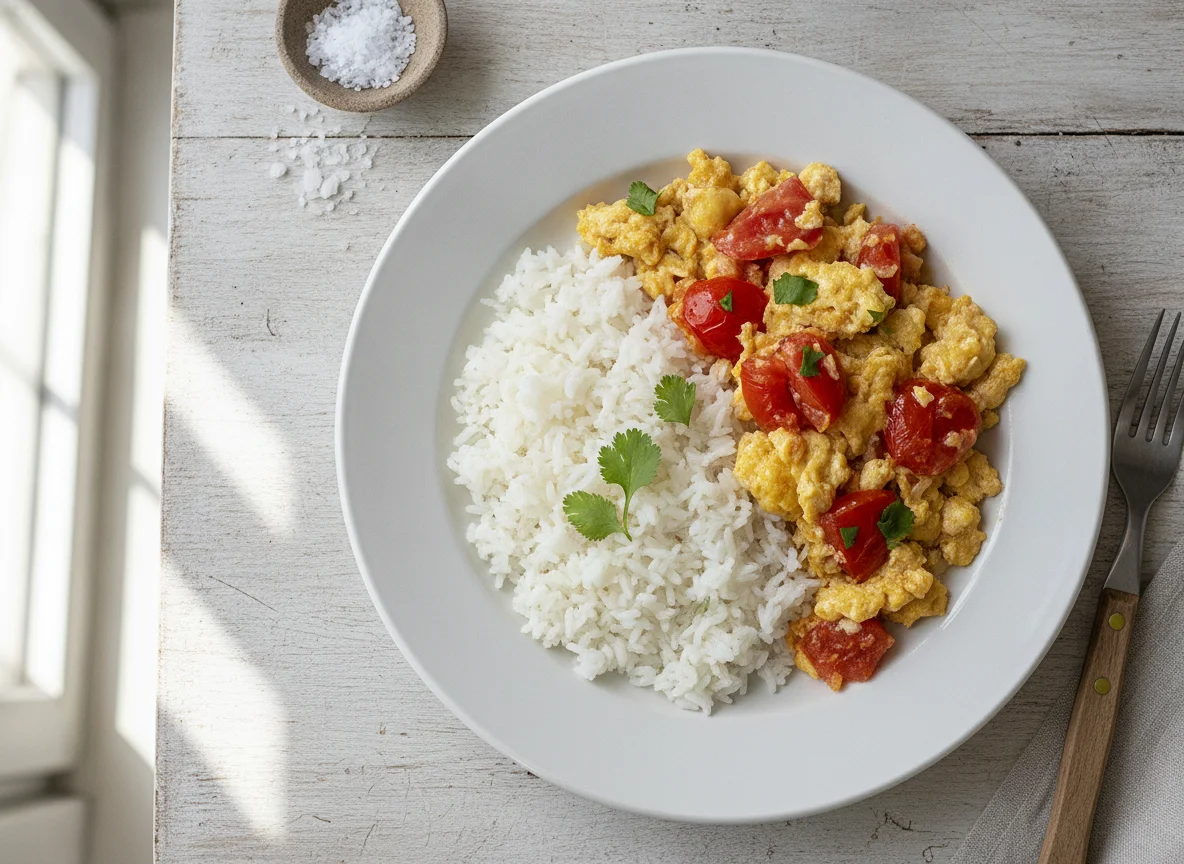 Arroz con huevo revuelto y tomate photo