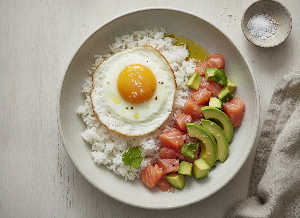 Arroz con huevo, salmón y aguacate photo