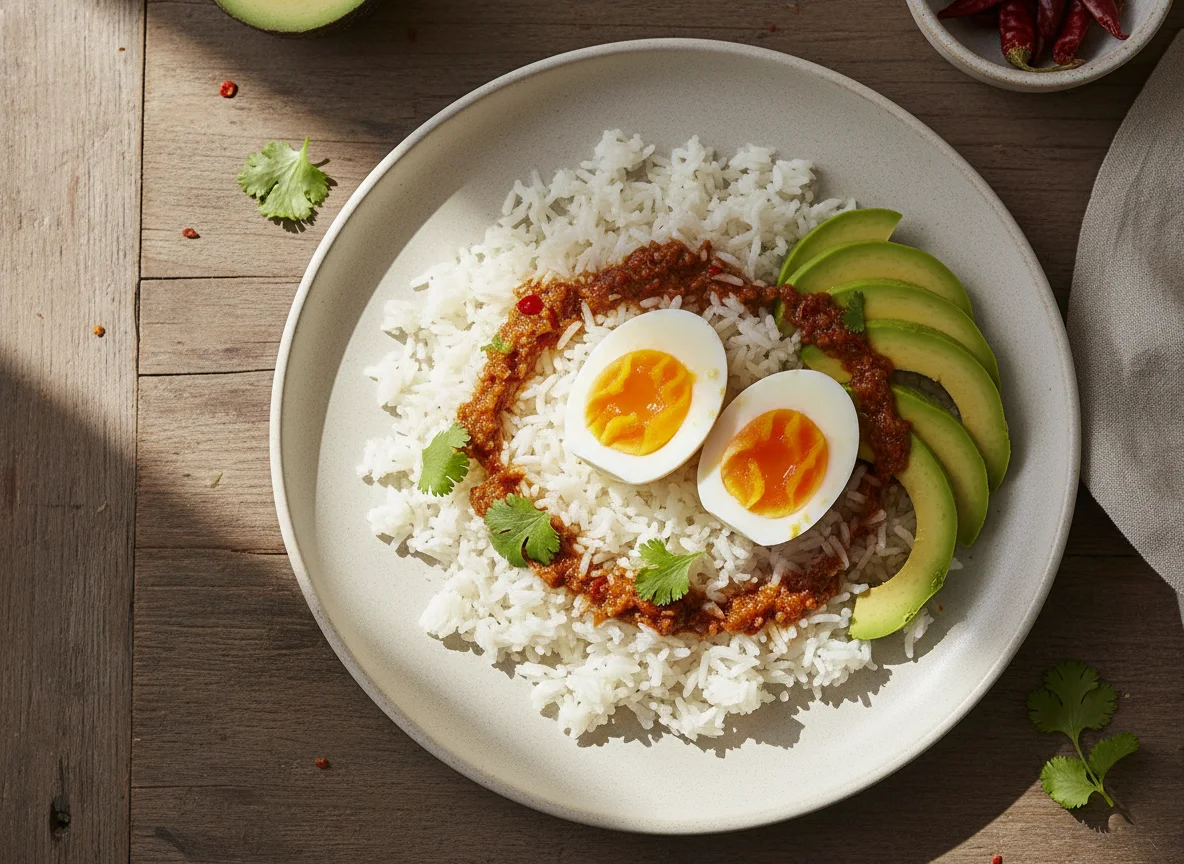 Arroz con huevo y aguacate photo