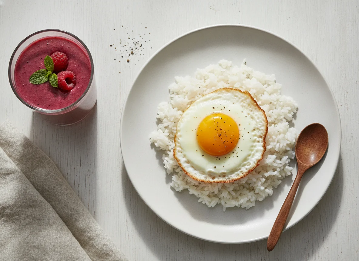 Arroz con huevo y batido de frutas photo