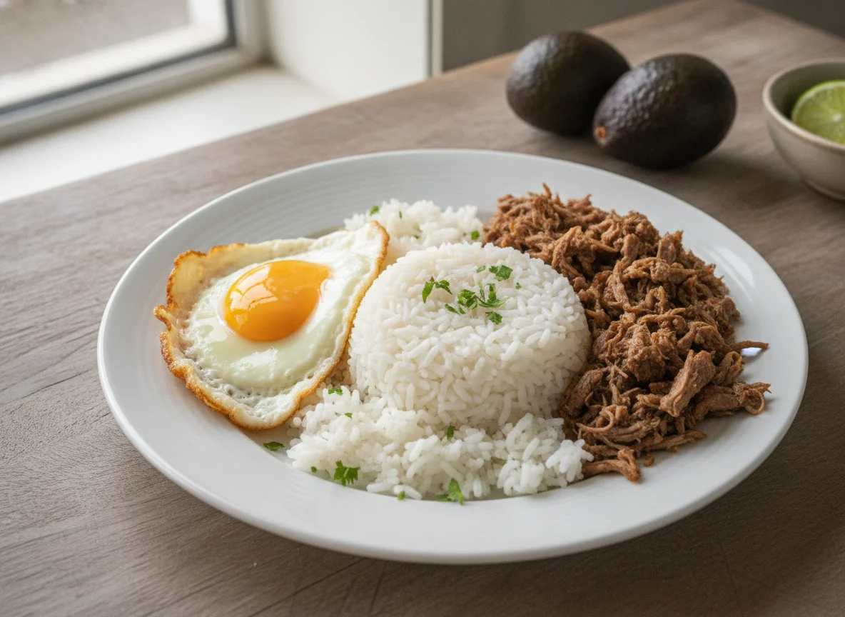 Arroz con huevo y carne photo