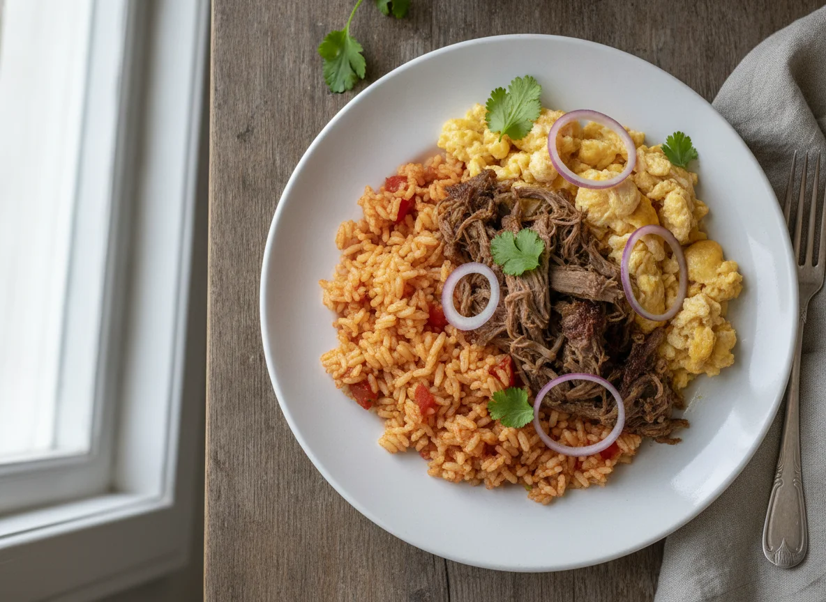 Arroz con huevo y carne deshebrada photo