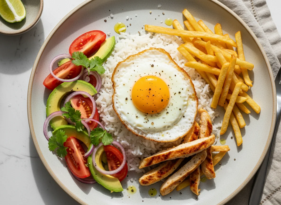 Arroz con huevo y ensalada photo