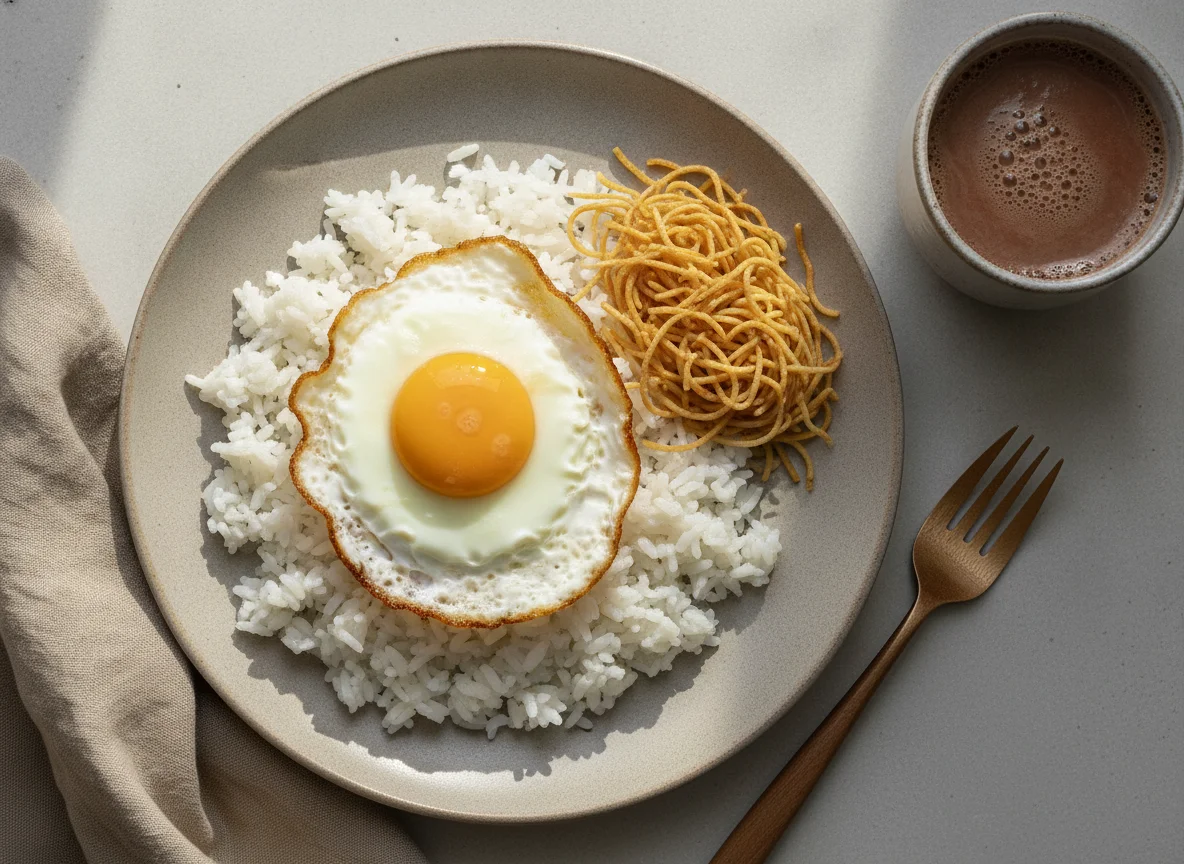 Arroz con huevo y fideos photo