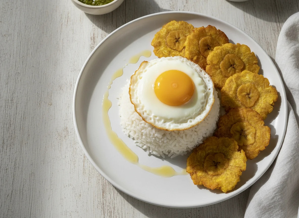 Arroz con huevo y patacones photo