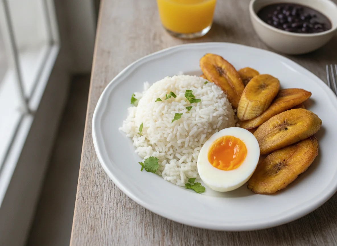 Arroz con huevo y plátano cocido photo