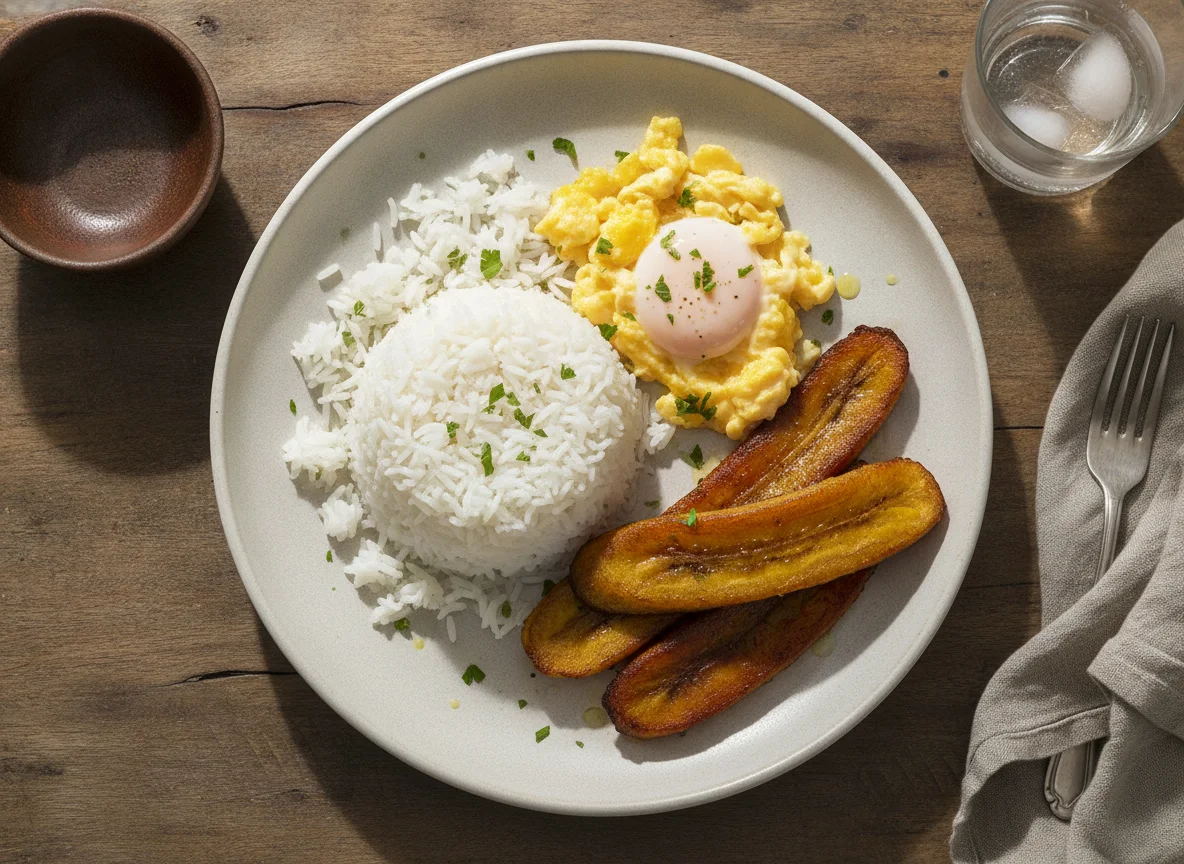 Arroz con huevo y plátano maduro photo