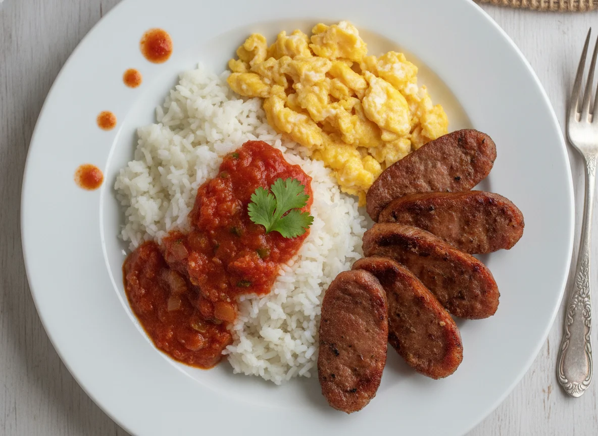 Arroz con huevo y salchicha photo