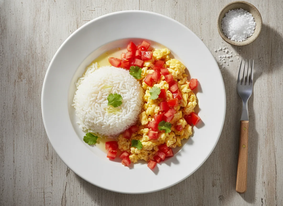 Arroz con huevo y tomate photo