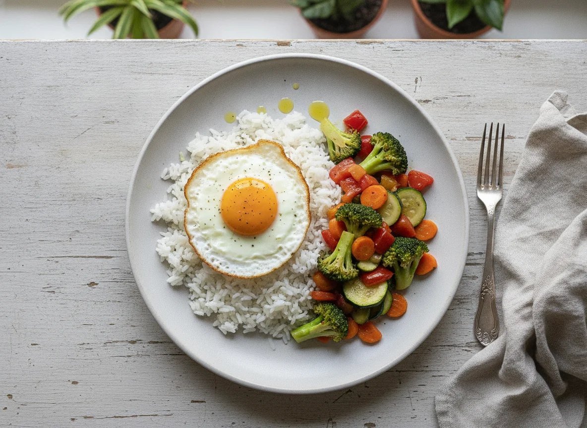 Arroz con huevo y verduras salteadas photo
