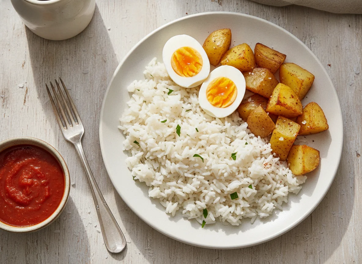 Arroz con huevos cocidos y patatas photo
