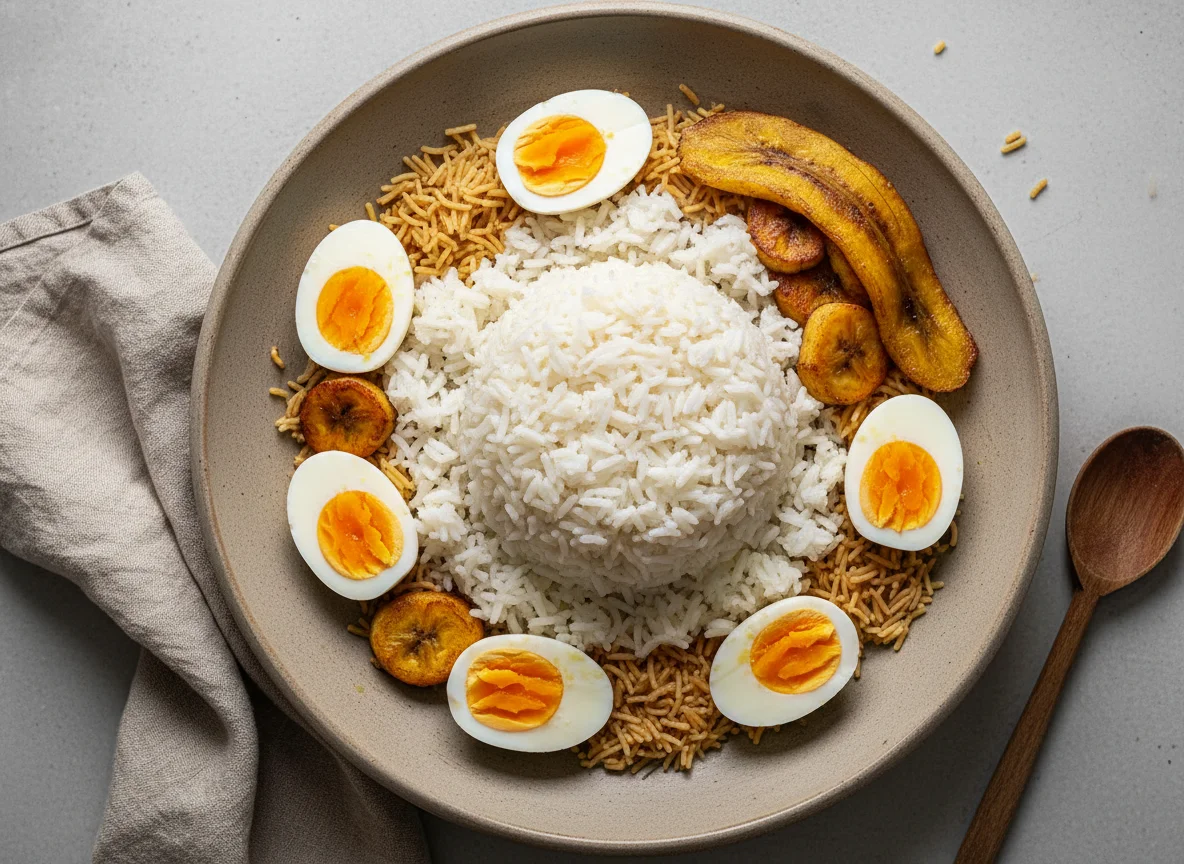 Arroz con huevos duros, plátano y fideos photo