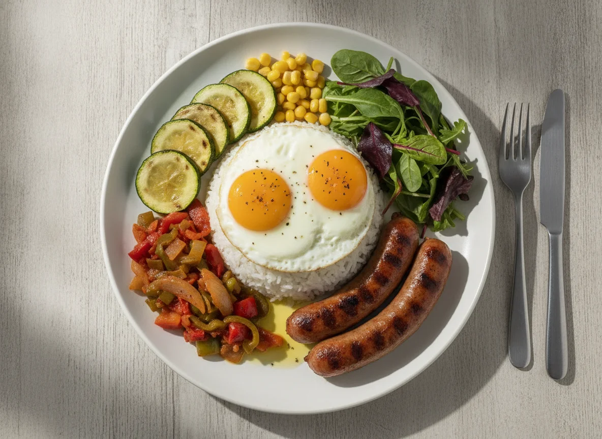 Arroz con huevos fritos, salchichas y verduras photo
