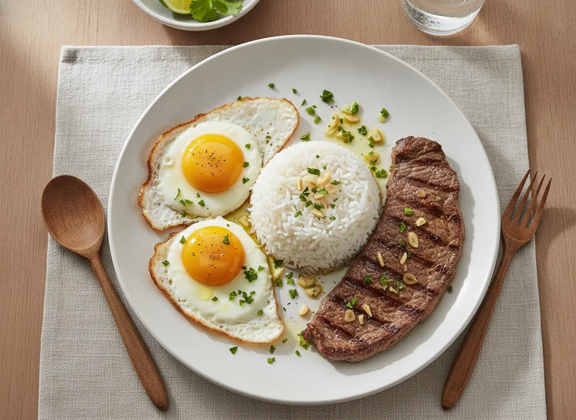 Arroz con huevos fritos y filete de ternera photo