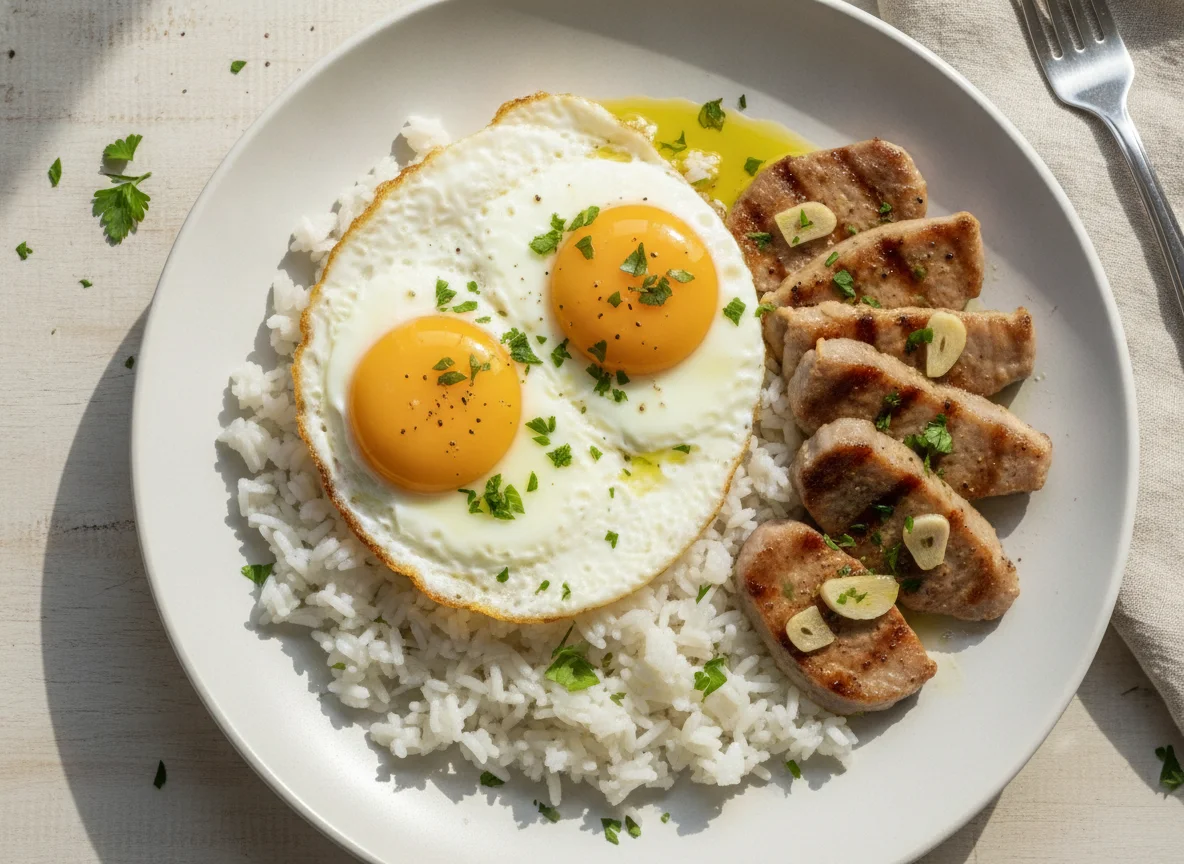 Arroz con huevos fritos y lomo de cerdo photo