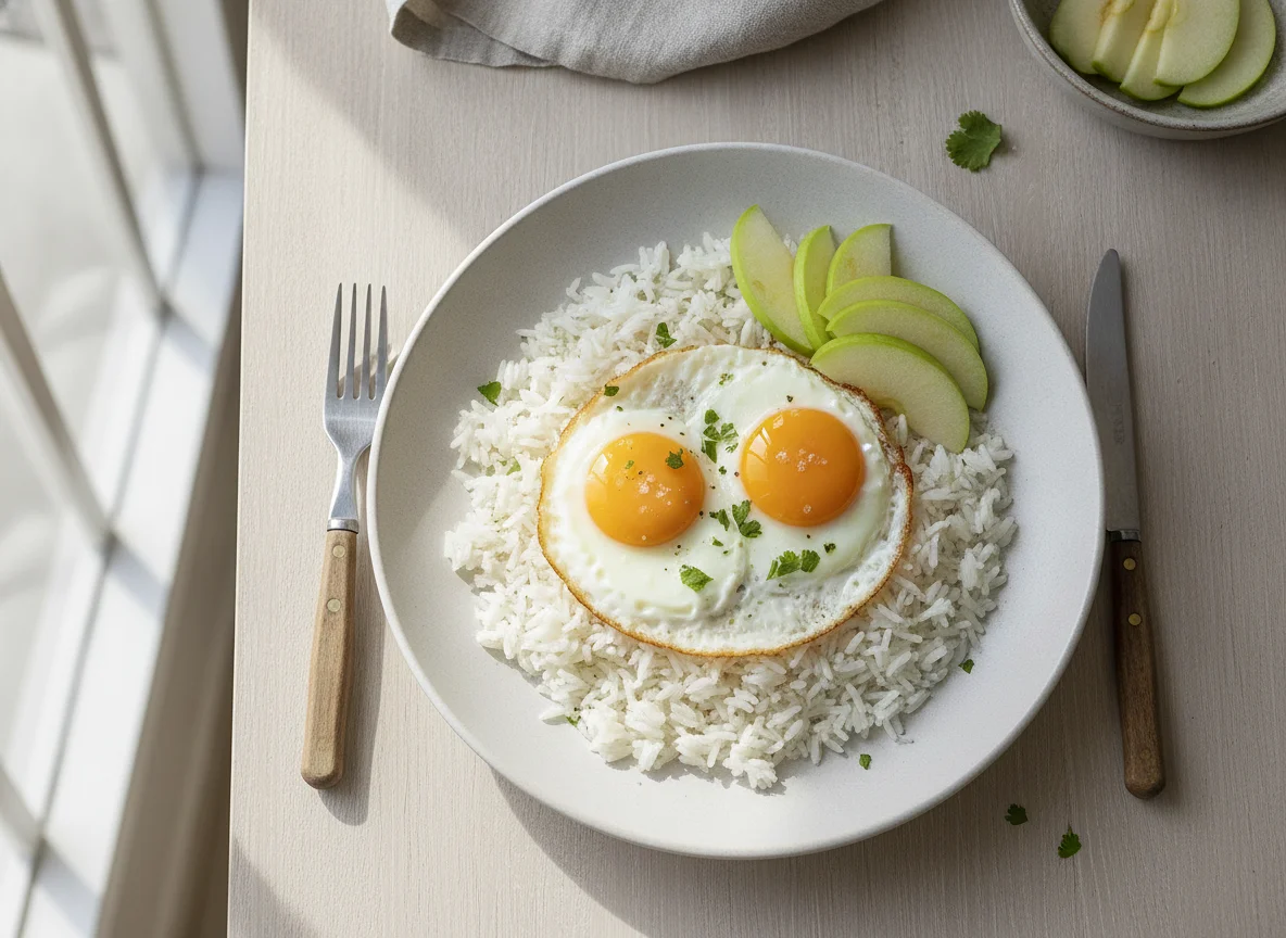 Arroz con huevos fritos y manzana photo