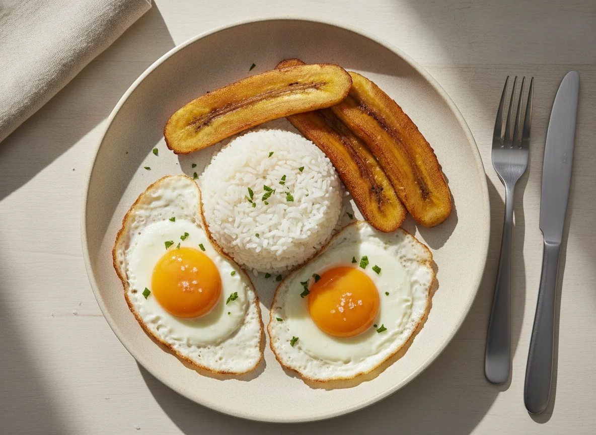 Arroz con huevos fritos y plátano frito photo