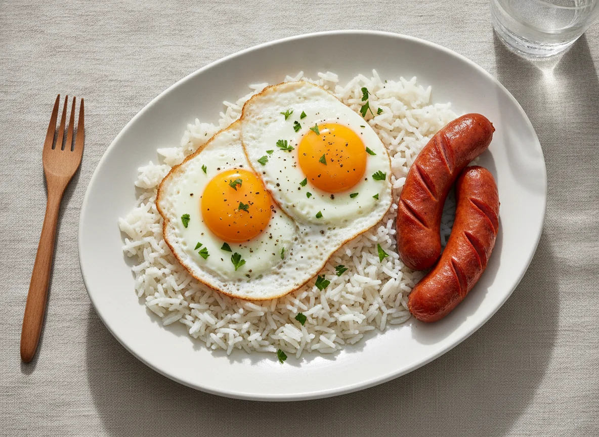 Arroz con huevos fritos y salchichas photo