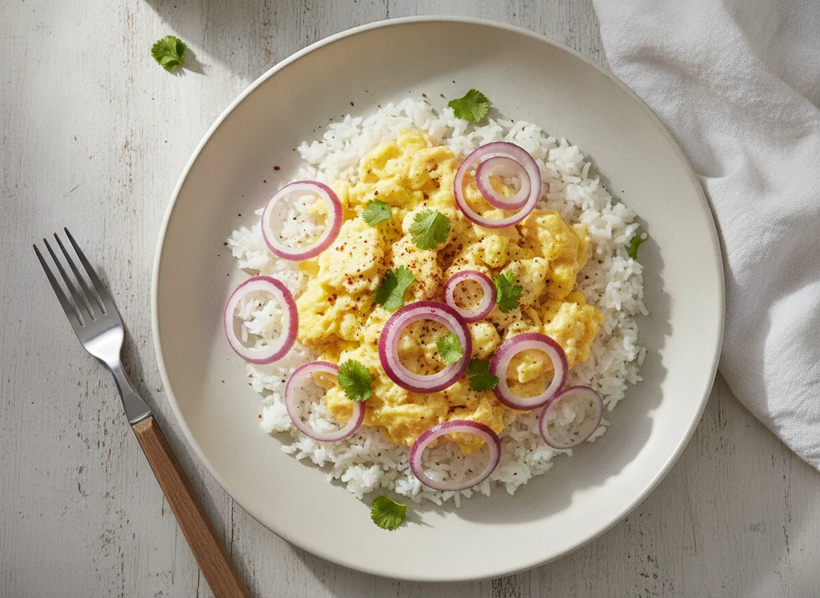 Arroz con huevos revueltos y cebolla morada photo