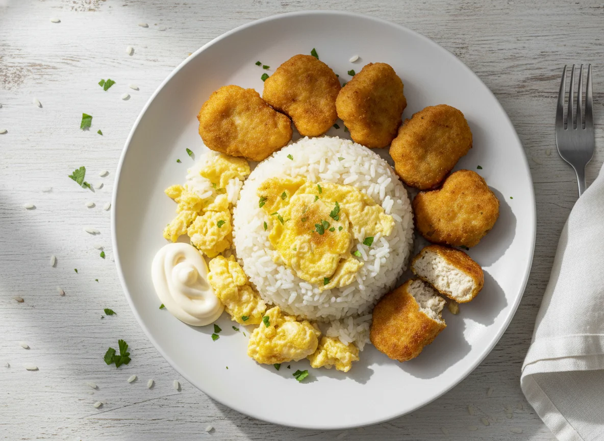 Arroz con huevos revueltos y nuggets de pollo photo