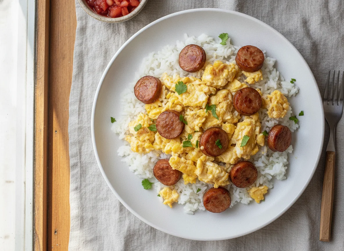 Arroz con huevos revueltos y salchichas photo