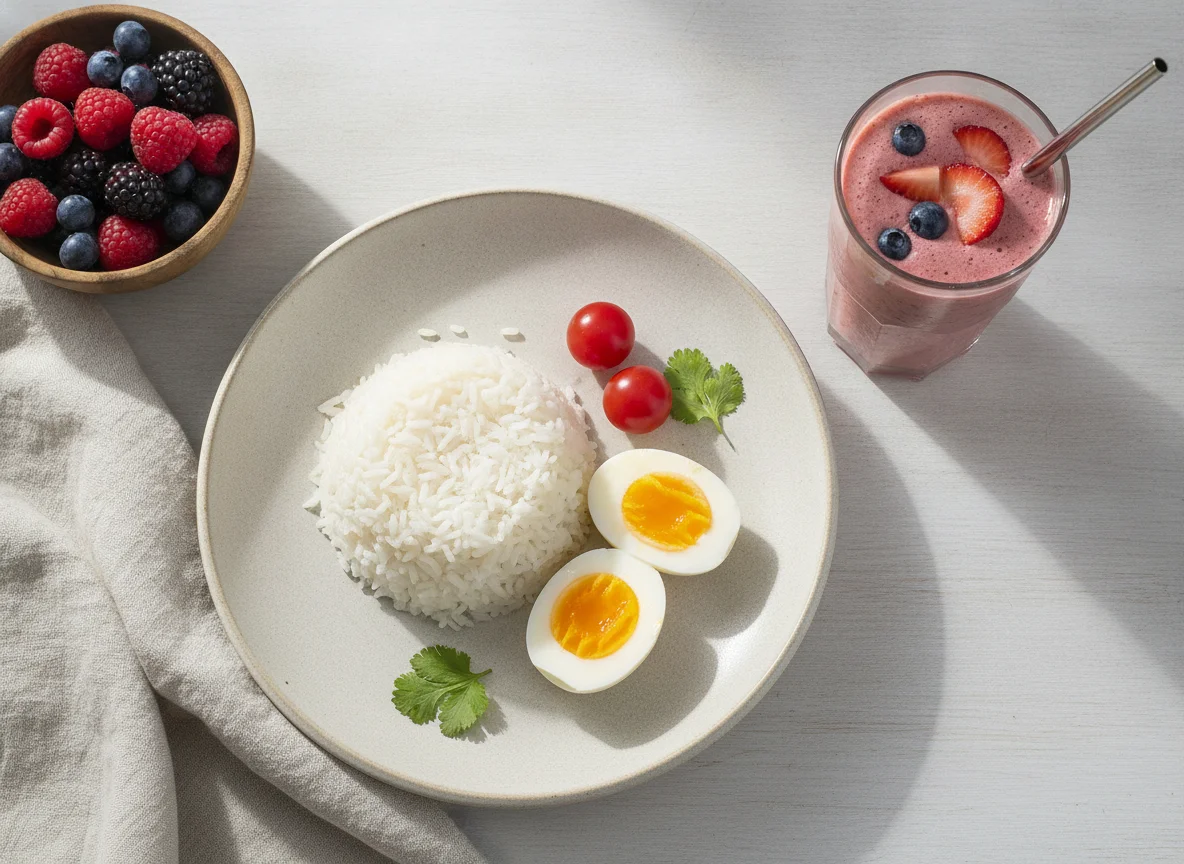 Arroz con huevos y batido de frutas photo