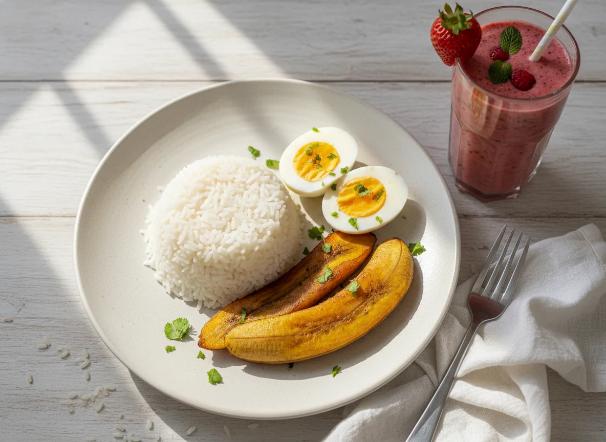 Arroz con huevos y batido photo