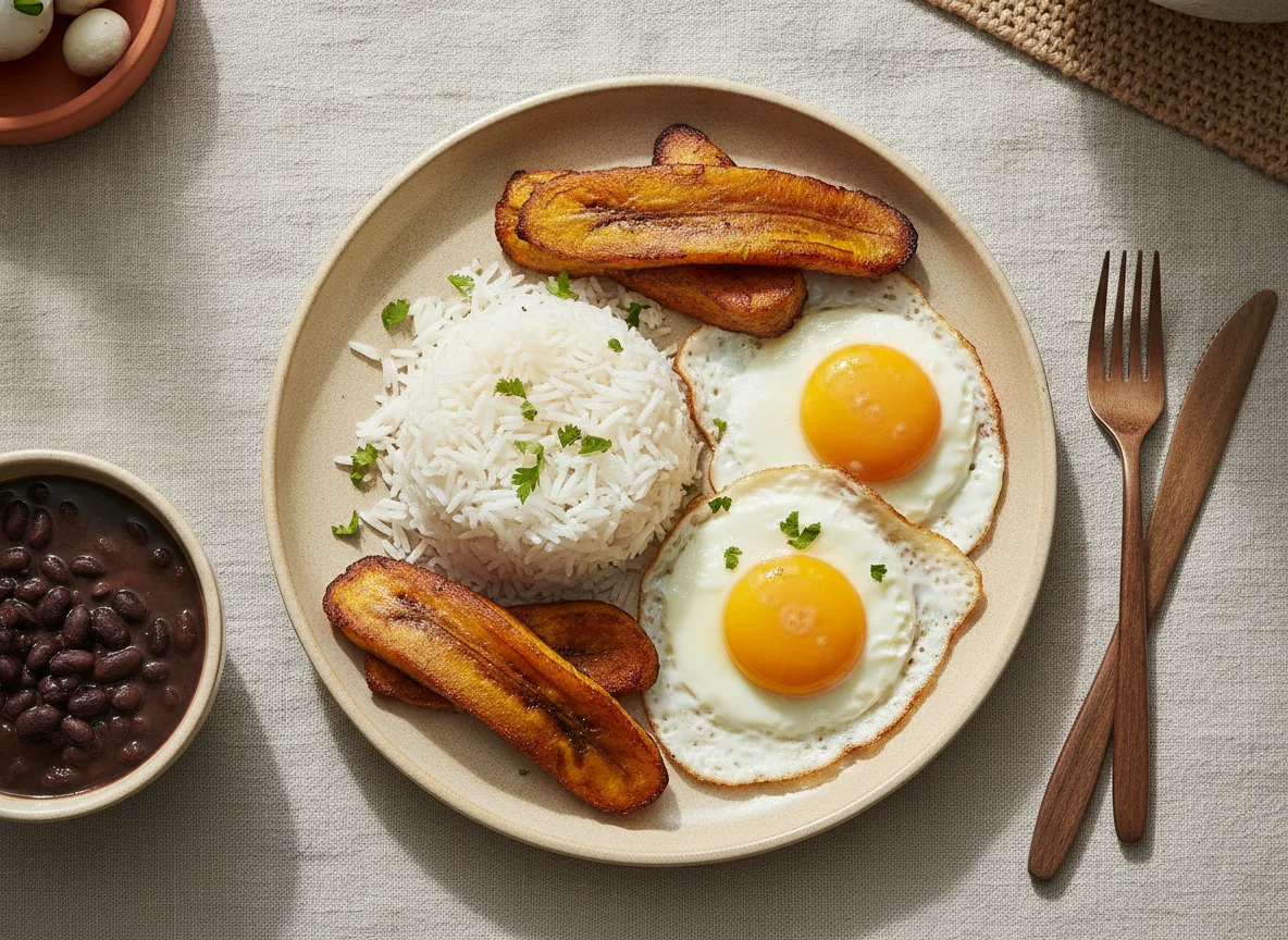 Arroz con huevos y plátano maduro photo