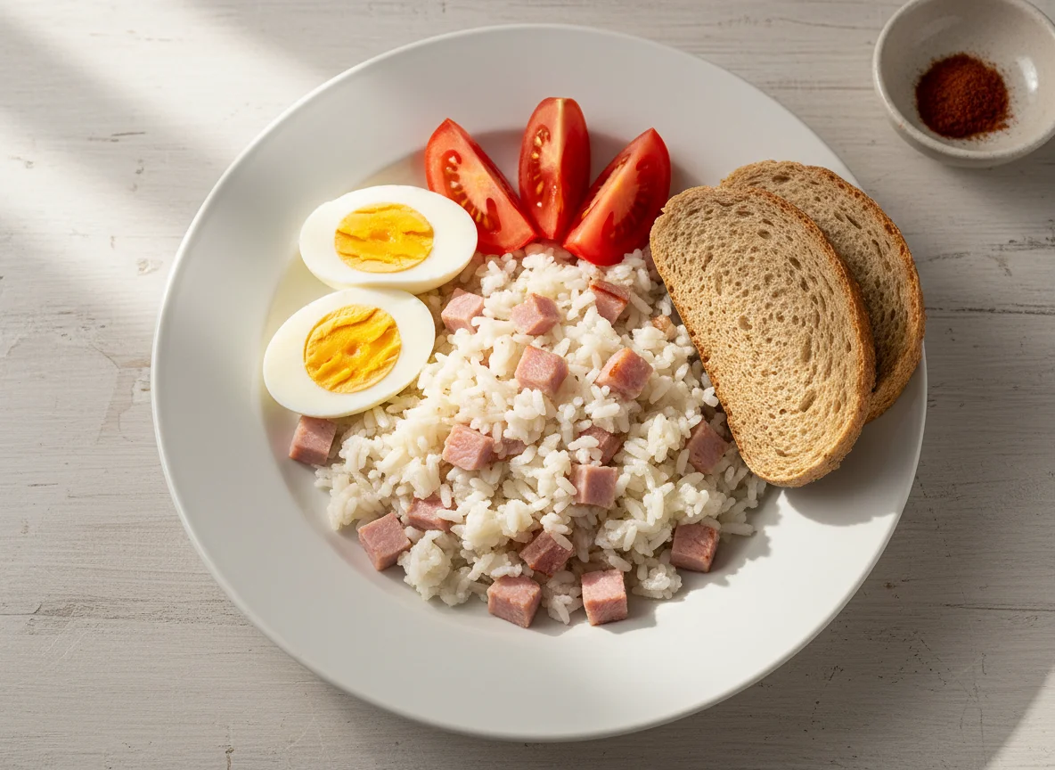Arroz con jamón, huevo y tomate con pan photo