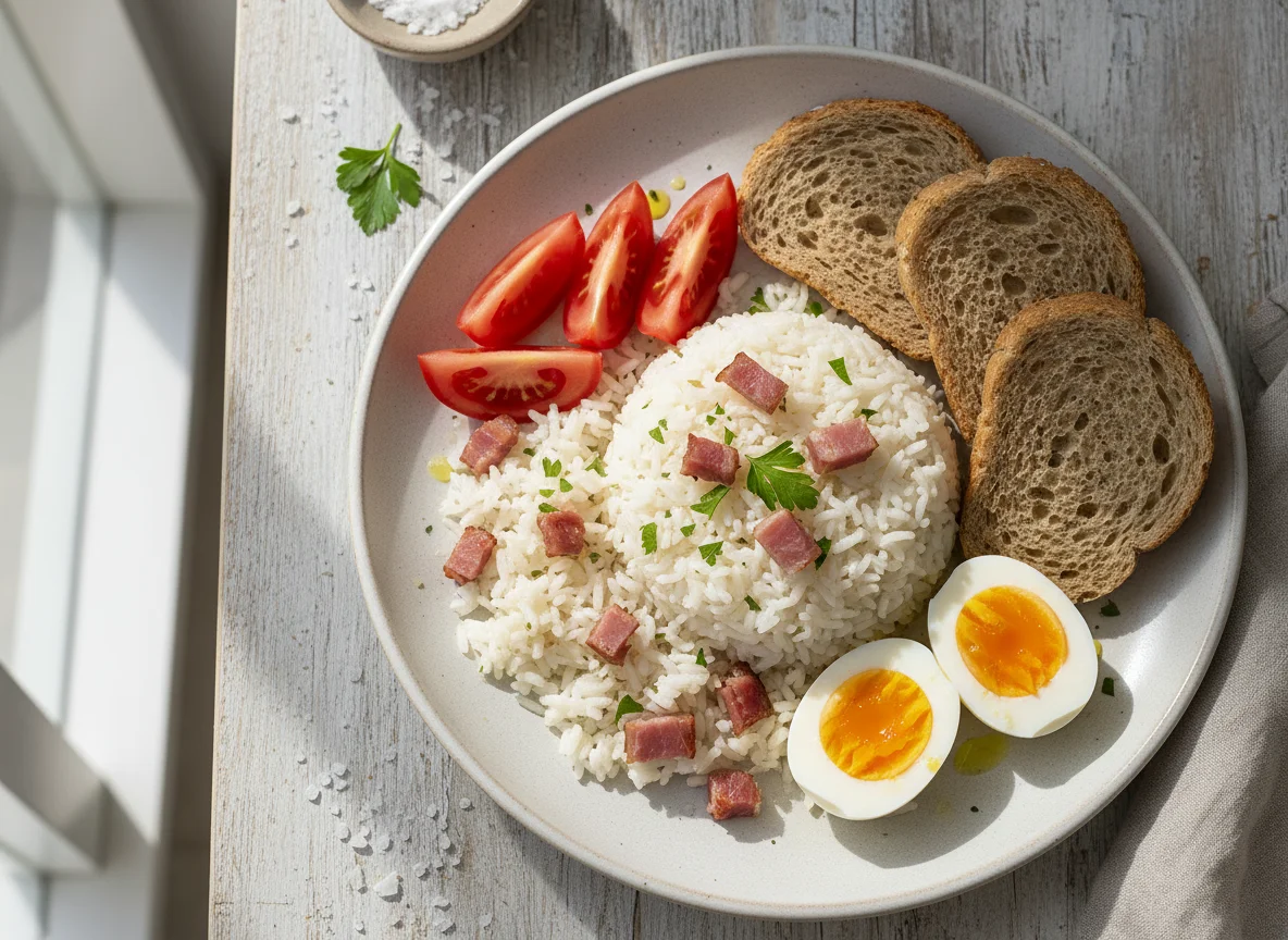 Arroz con jamón, tomate y huevo con pan photo