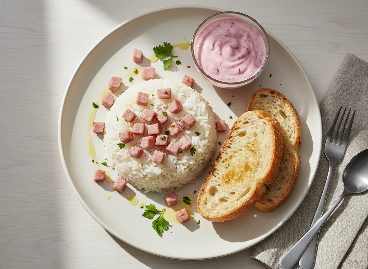 Arroz con jamón y pan con yogur photo